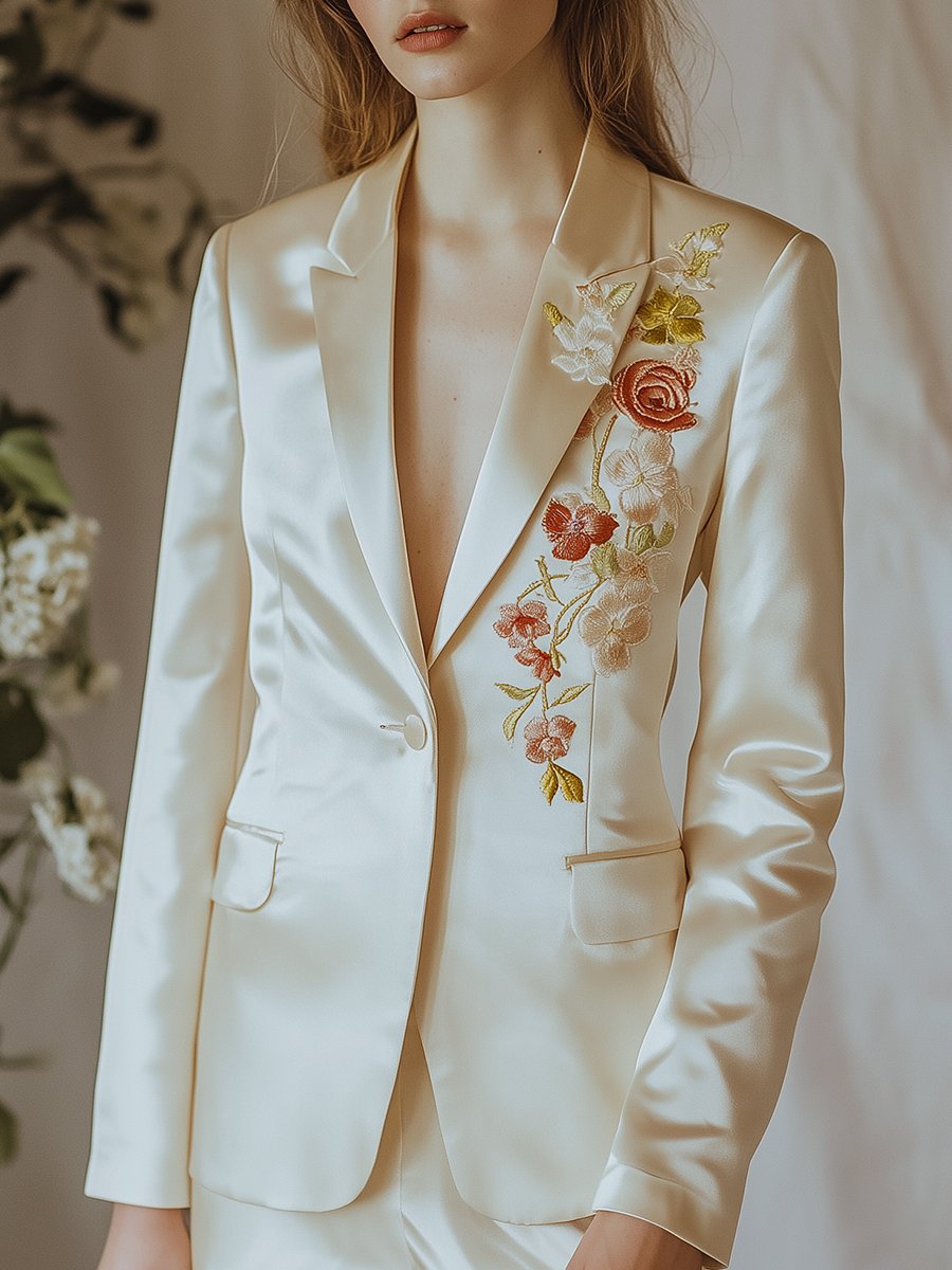 Elegant Ivory Satin Blazer with Delicate Floral Embroidery