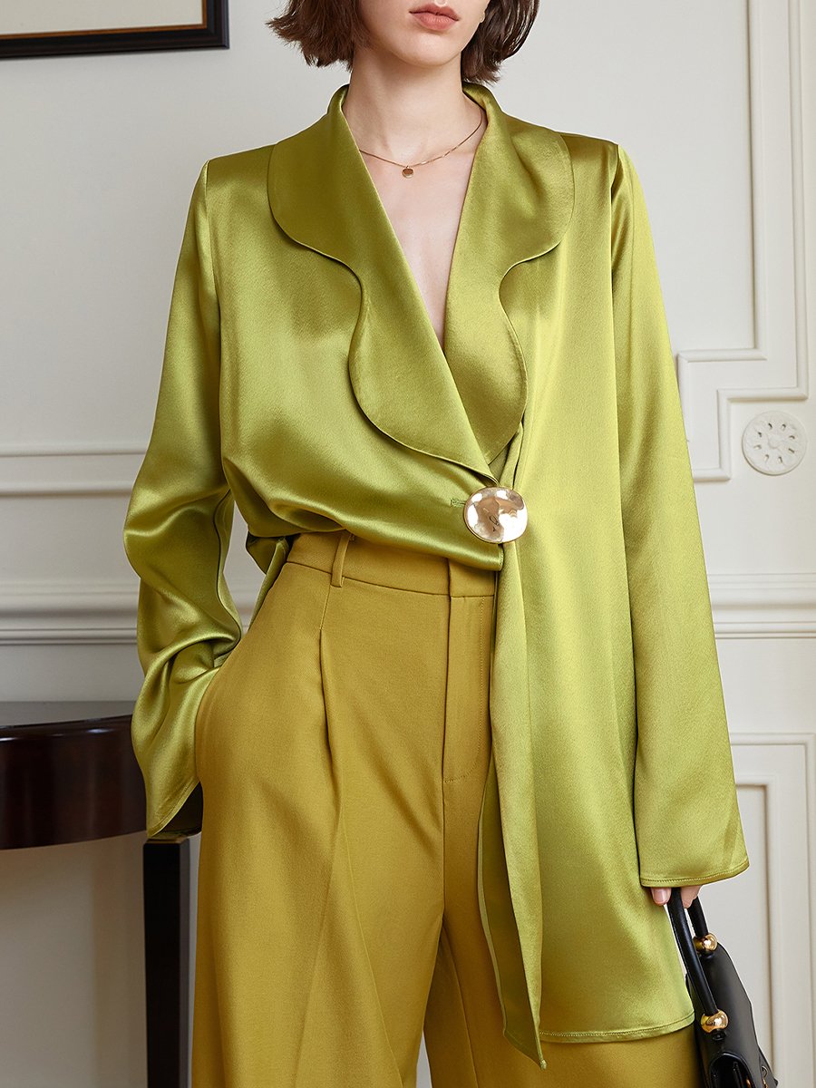 Olive Green Satin Blouse with Scalloped Lapels