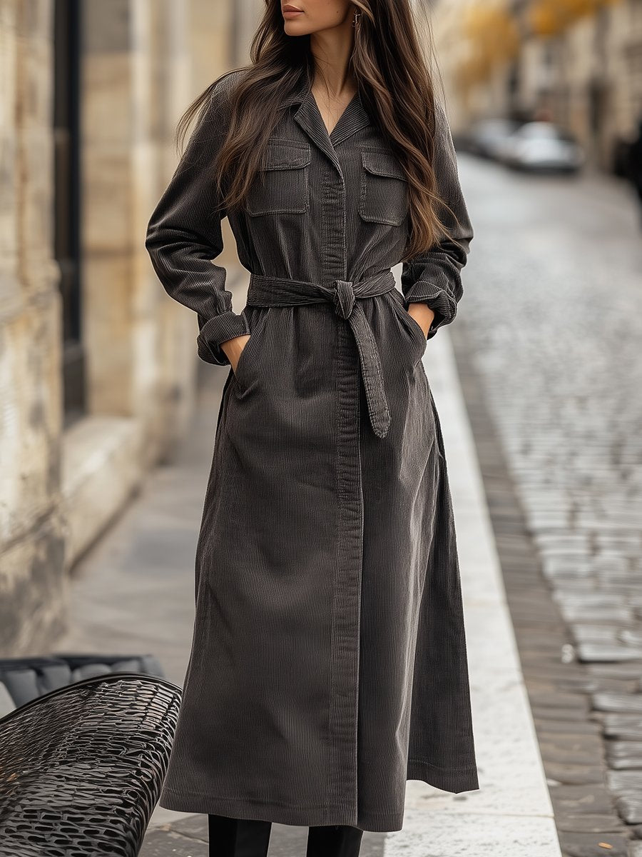 Elegant Gray Corduroy Shirt Dress with Belted Waist Design