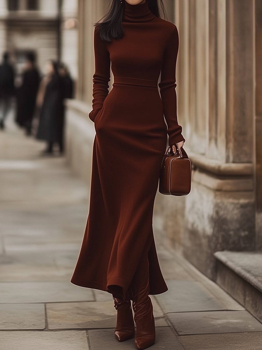 Classic Chocolate Brown Turtleneck Dress