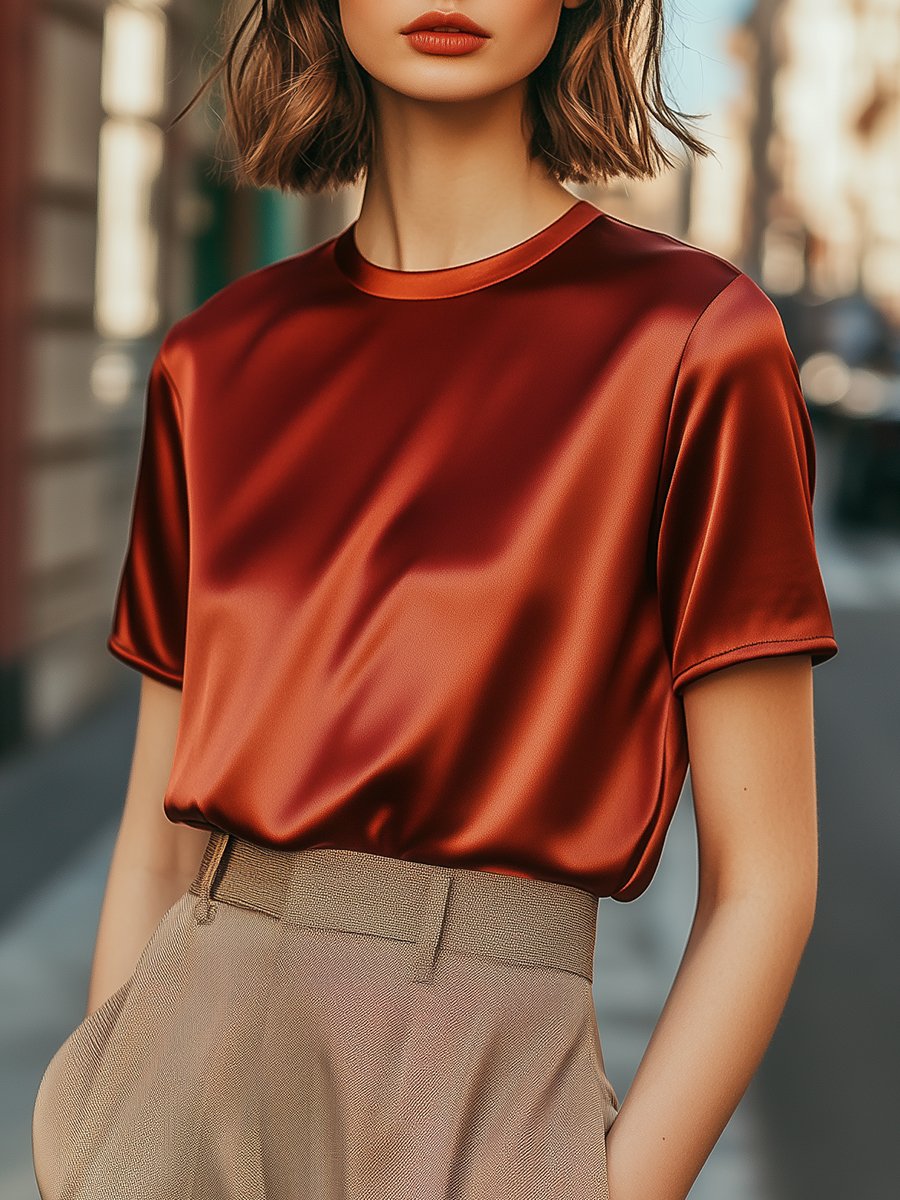 Crimson Wave Satin Blouse