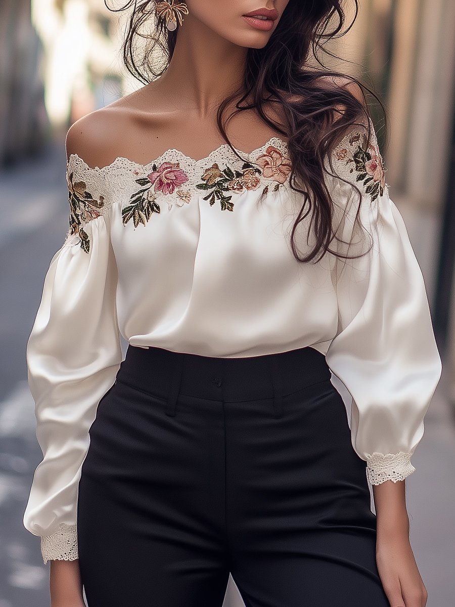 Off-Shoulder Satin Blouse with Delicate Floral Lace Trim