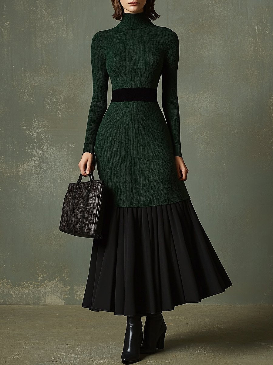 Emerald Green and Black Flare Skirt Dress with Turtleneck