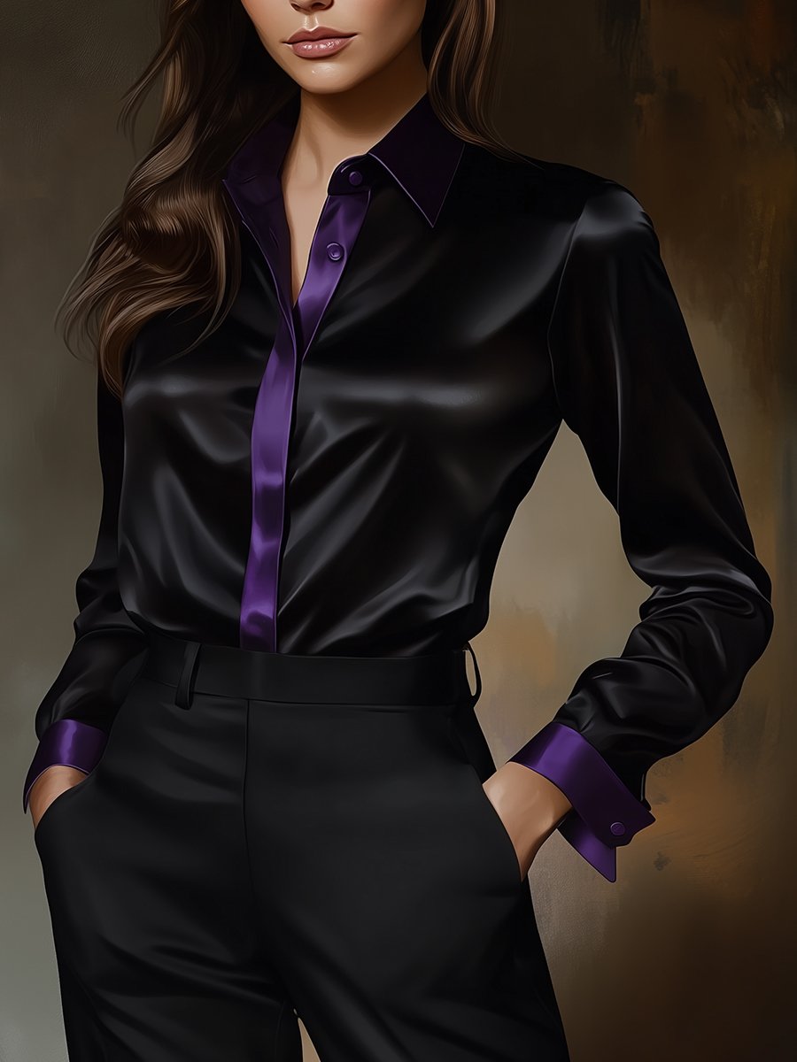 Midnight Black Satin Blouse with Deep Purple Accents