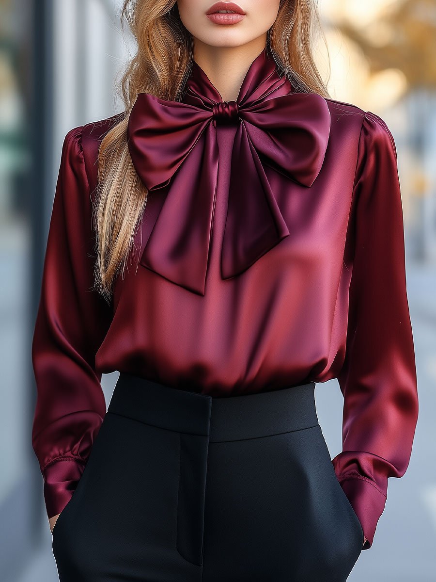 Elegant Burgundy Satin Blouse with Statement Bow