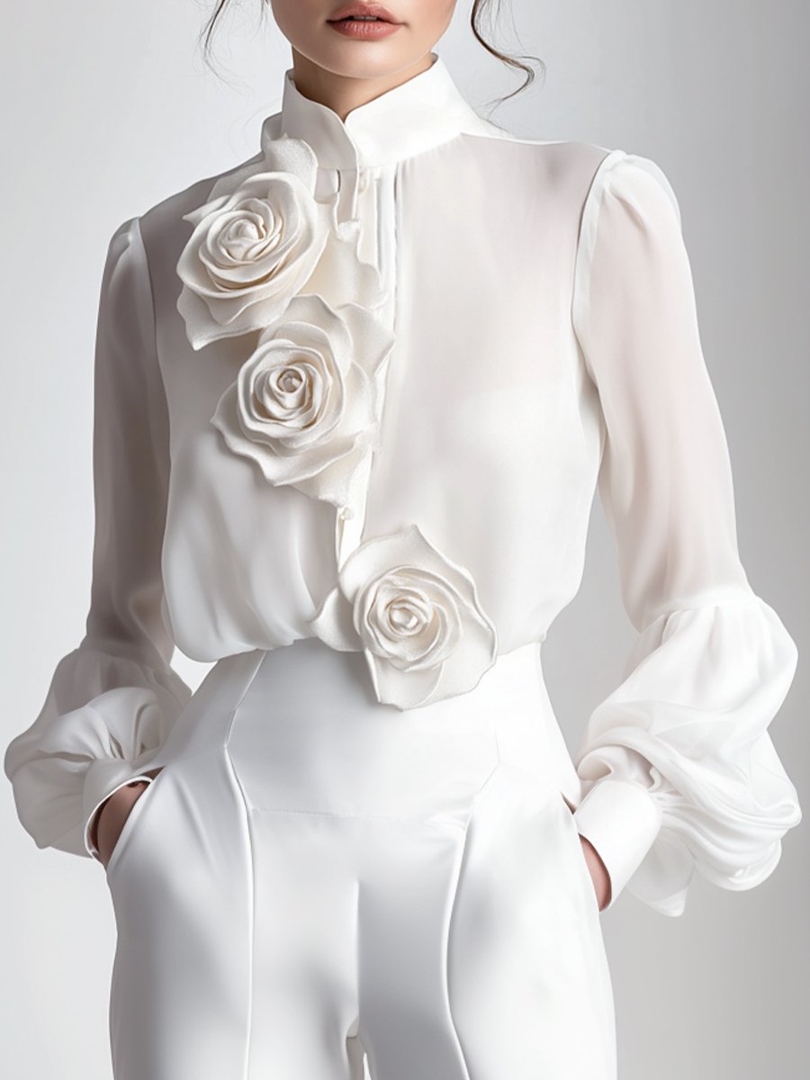 Modern White Blouse with 3D Rose Accents