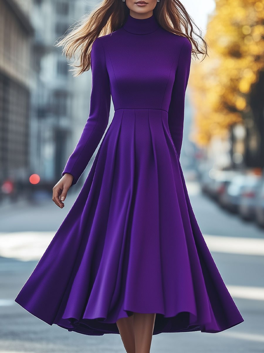 Elegant High-Neck Purple A-Line Dress