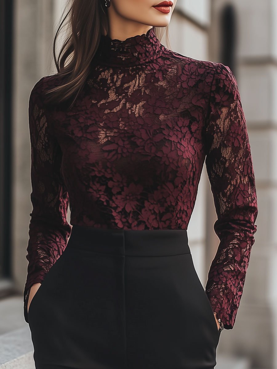 Sophisticated Burgundy Lace T-shirt with Intricate Floral Patterns