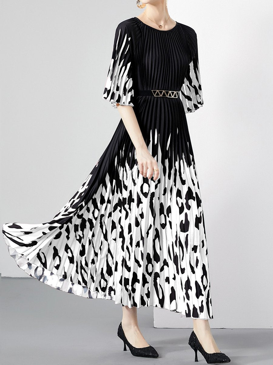 Printed Crew Neck Bell Sleeve Dress