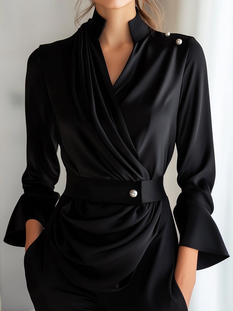 Belted Satin Blouse with Flared Sleeves