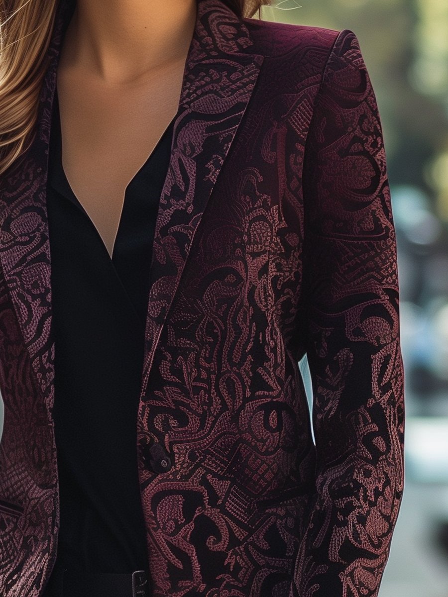 Noble Burgundy Jacquard Satin Blazer