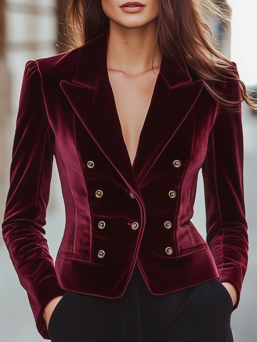 Double-Breasted Embellished Burgundy Chic Velvet Blazer