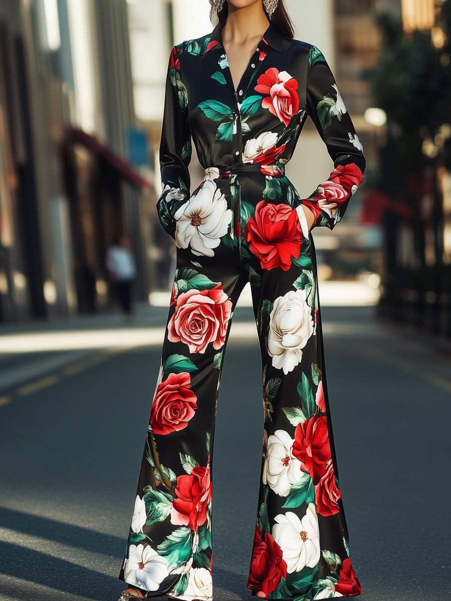 Floral Satin Matching Set with Bold Rose Print