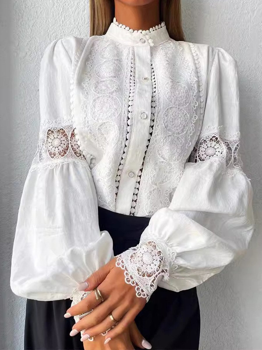 Chic in Lace: Statement White Blouse with Balloon Sleeves