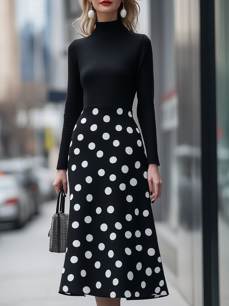 Elegant Black Turtleneck Dress with Polka-Dot Pattern