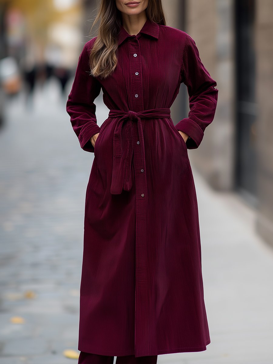 Rich Burgundy Corduroy Shirt Dress Perfect for Autumn Days