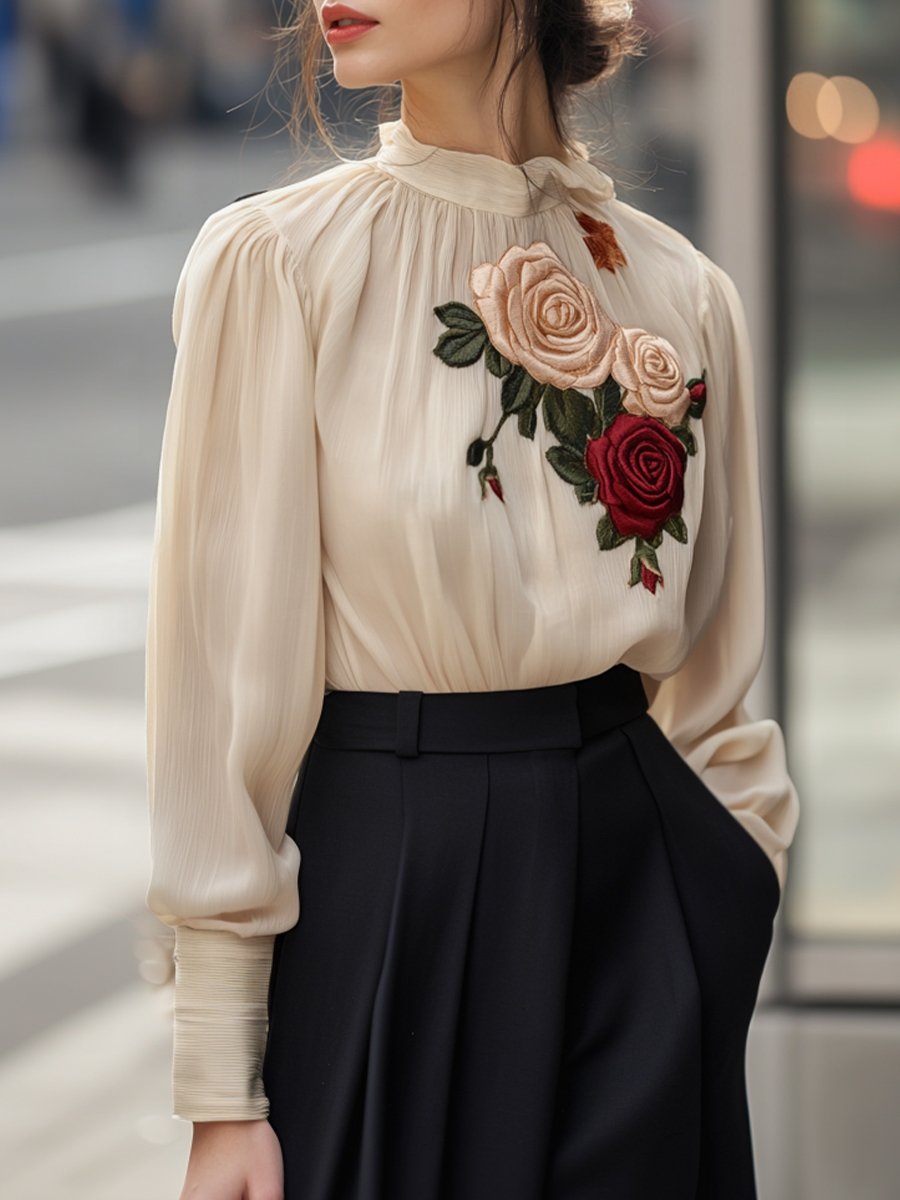 Elegant High-Neck Blouse with 3D Rose Embroidery