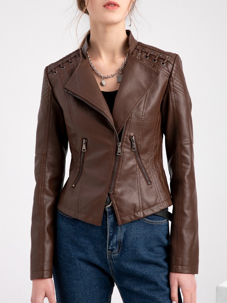 Classic Faux Leather Moto Jacket with Lace-Up Shoulder Detail