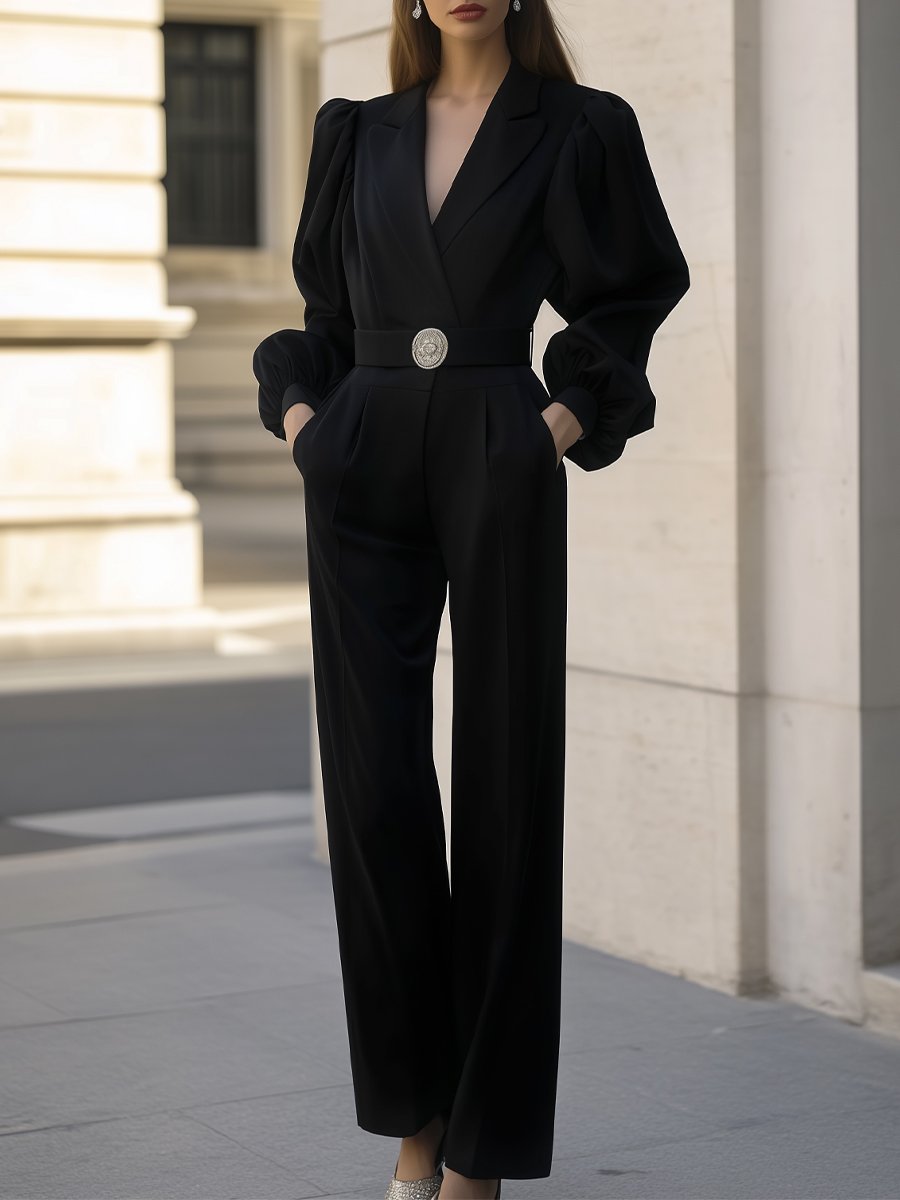 Elegant Black Power Jumpsuit with Dramatic Sleeves