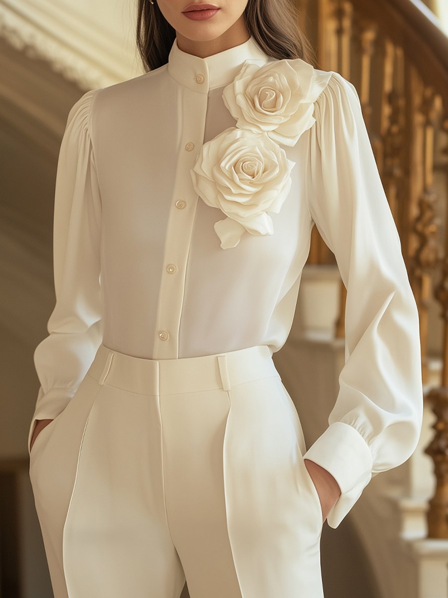 White High-Neck Blouse with 3D Floral Accents