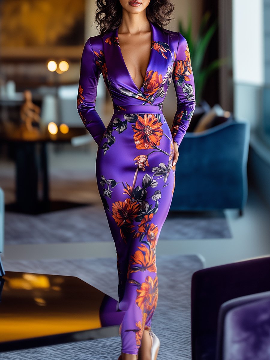 Vibrant Floral Satin Wrap Dress in Purple