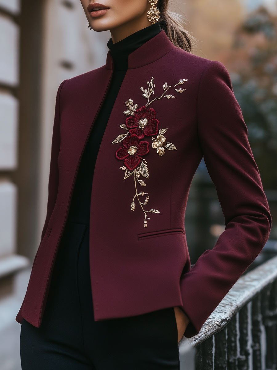 Elegant Burgundy Blazer with Ornate Floral Embroidery