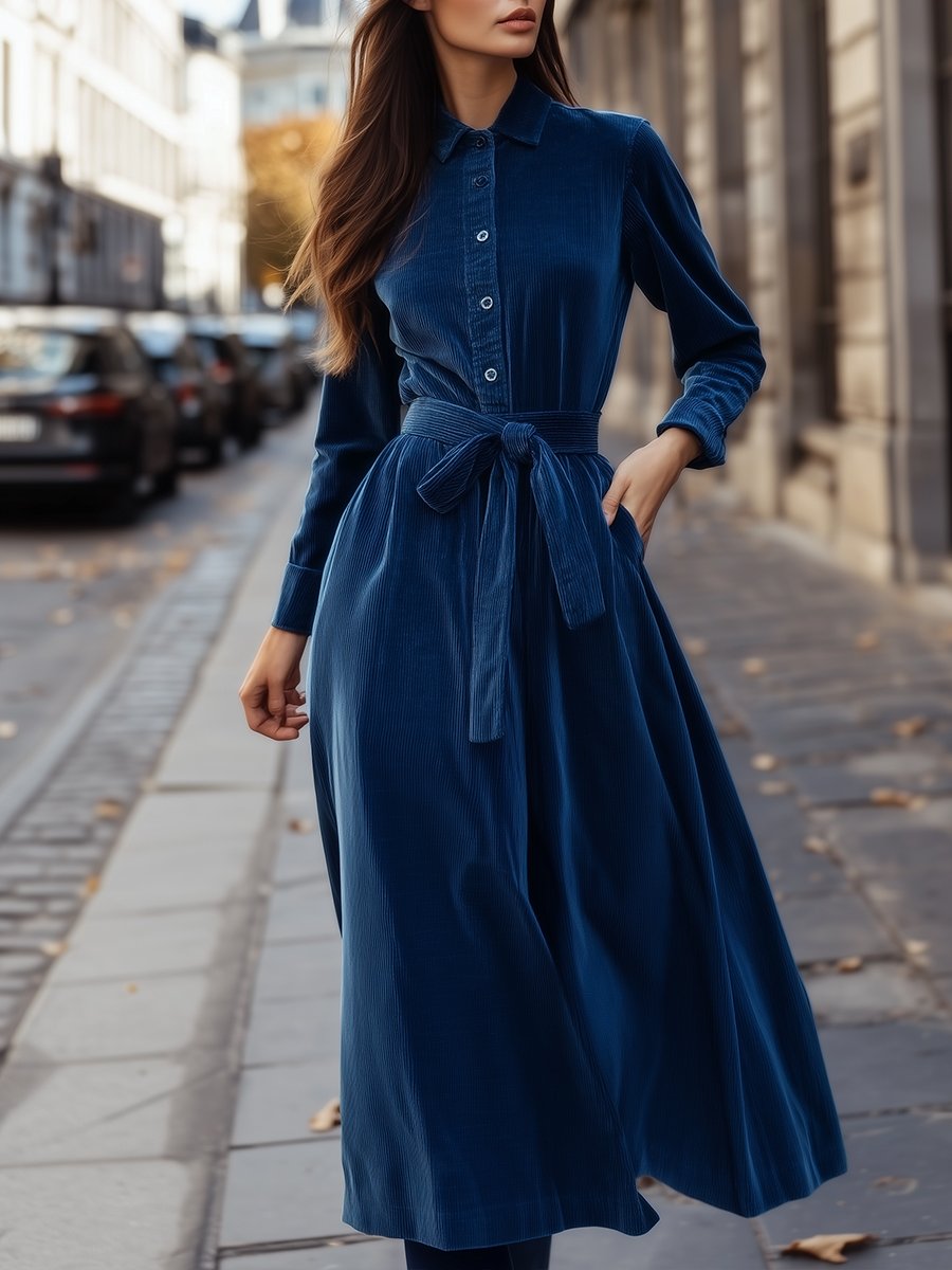 Deep Navy Corduroy Shirt Dress Offering Timeless Elegance