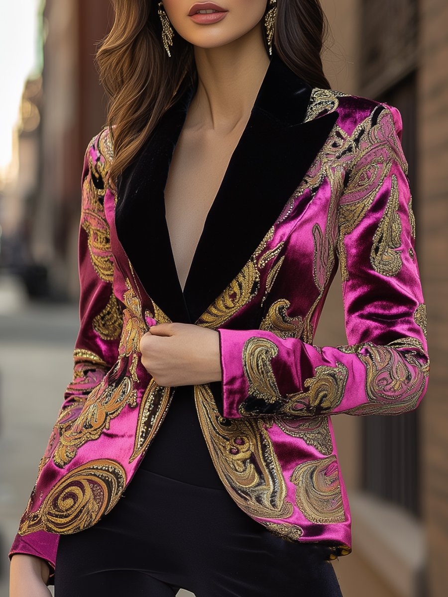 Magenta Velvet Blazer with Gold Paisley Printed