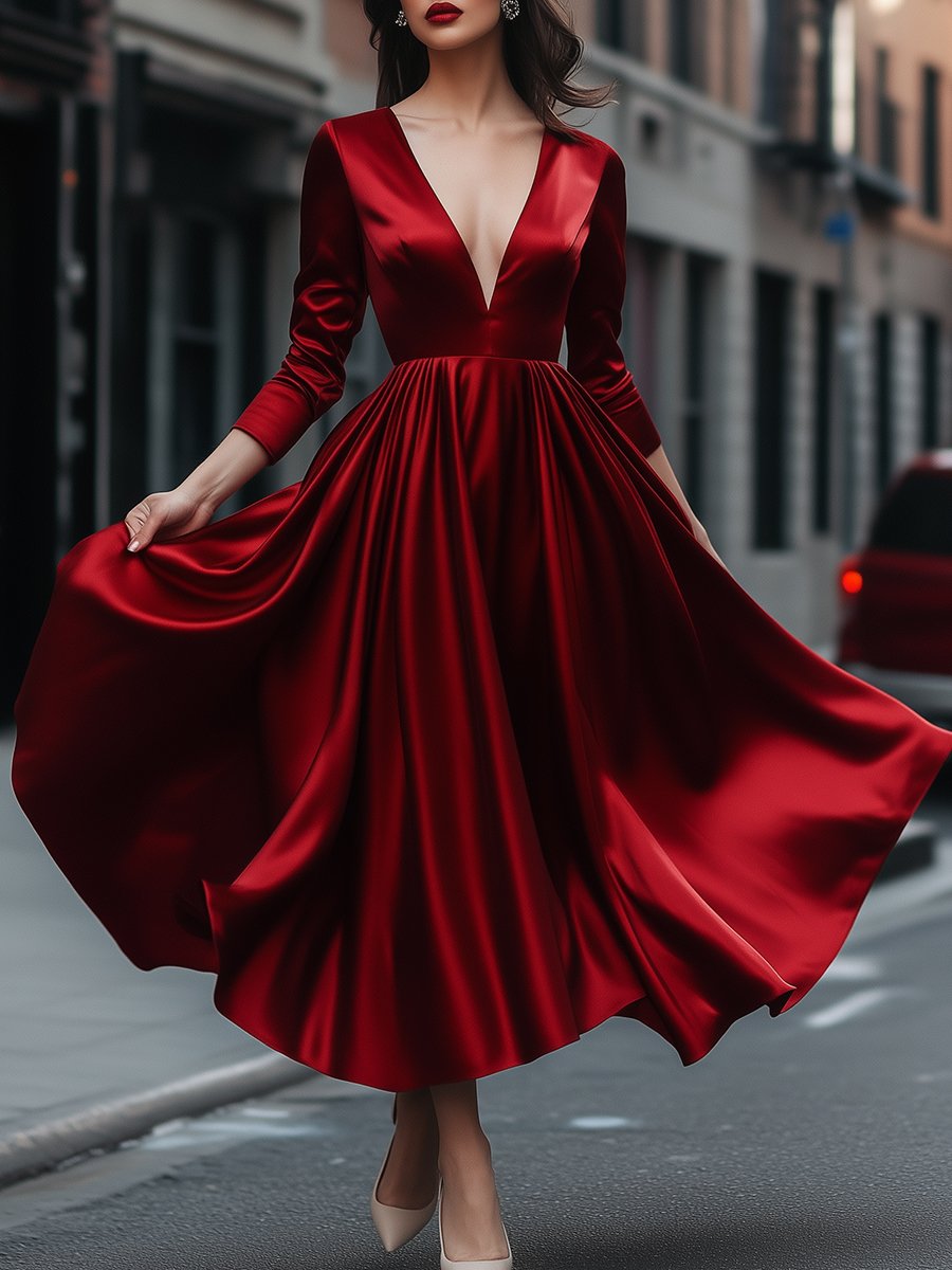 Red Satin Maxi Dress with Plunging Neckline