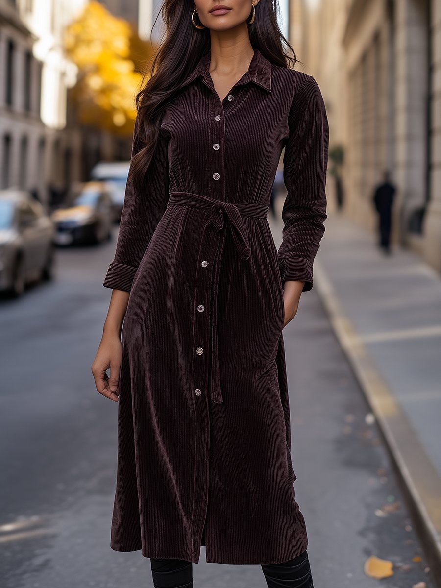 Chocolate Brown Corduroy Shirt Dress Ideal for Cooler Seasons