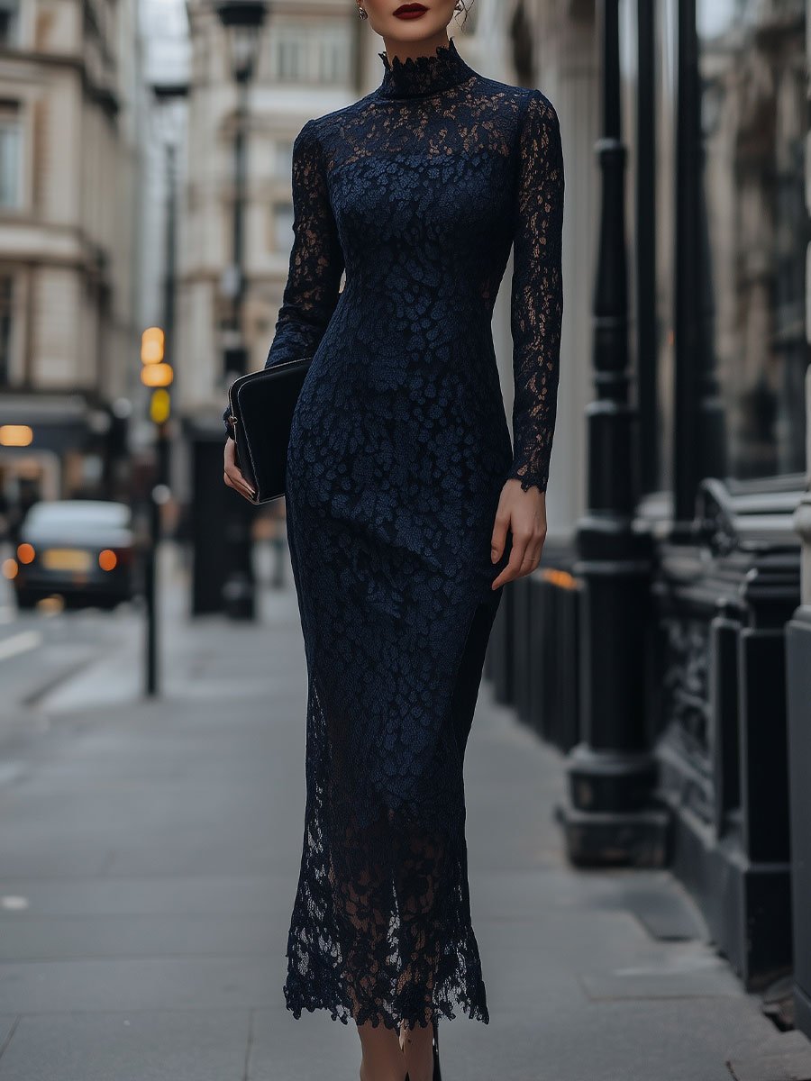 Elegant Lace Midi Dress with High Neck