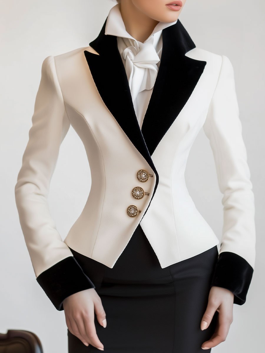 Elegant White Blazer with Black Velvet Lapels