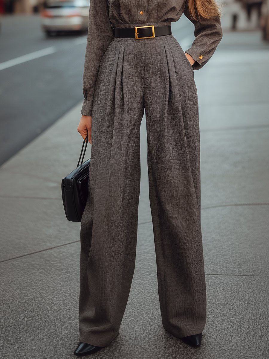 Gray High-Waisted Pleated Wide-Leg Trousers