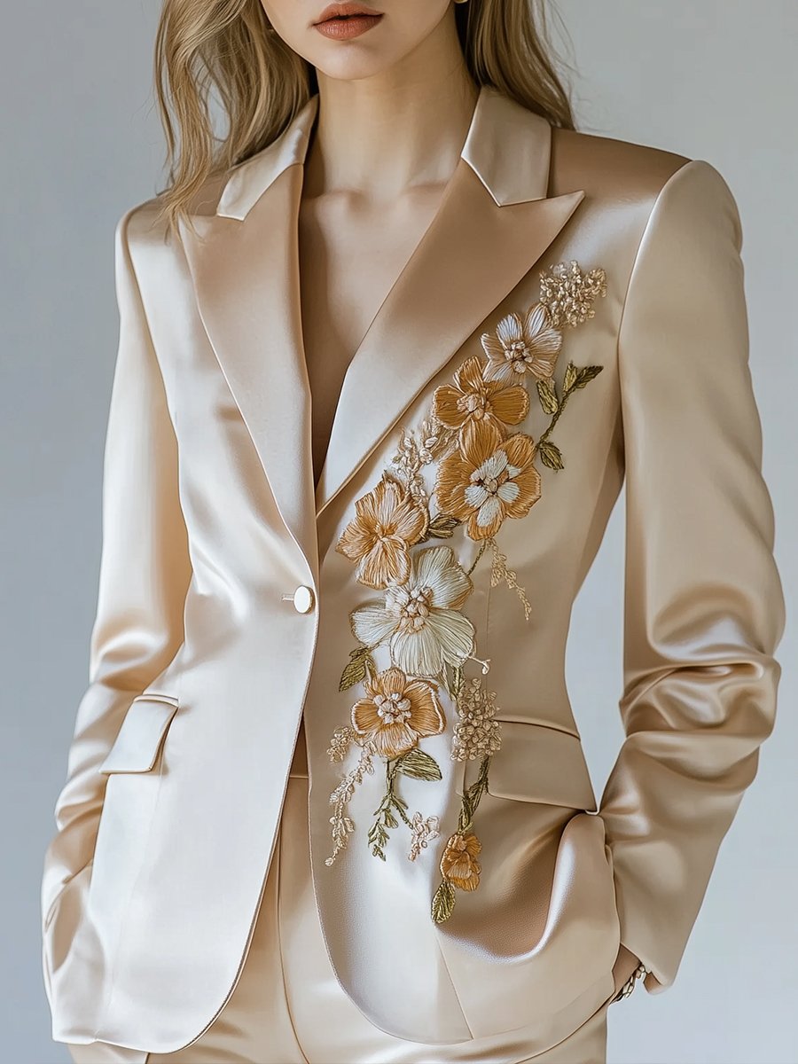 Apricot Blossom Embroidered Ivory Satin Blazer