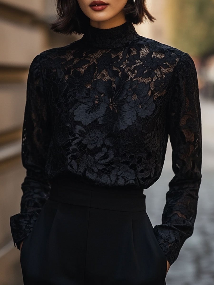 Classic Black Floral Lace Blouse with High Neck