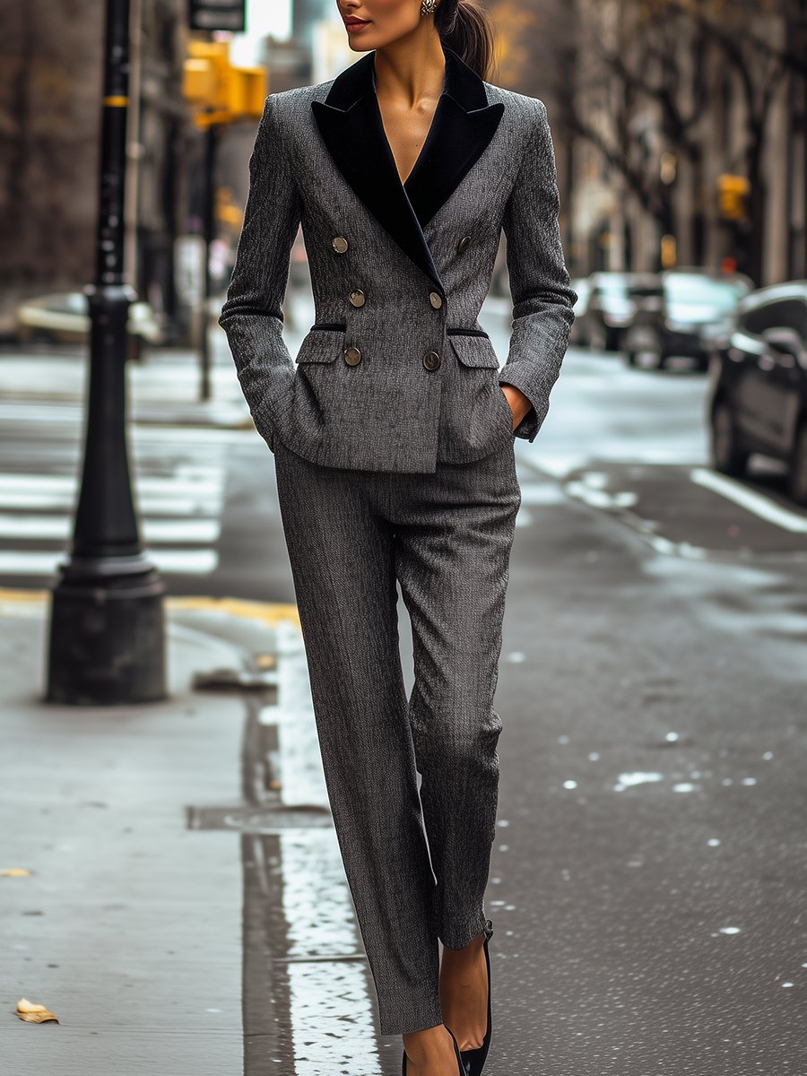 Modern Gray Tweed Suit with Black Velvet Lapels and Sleek Silhouette