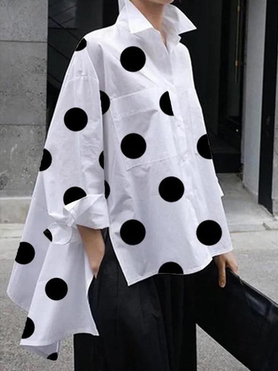 Shirt Collar Polka Dots Shift Elegant Top