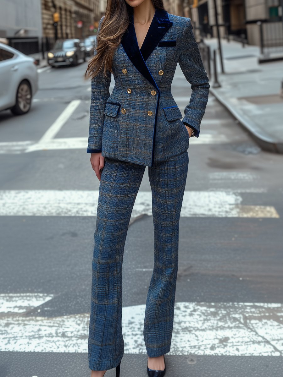 Sophisticated Plaid Tweed Suit with Velvet Lapels and Gold Buttons