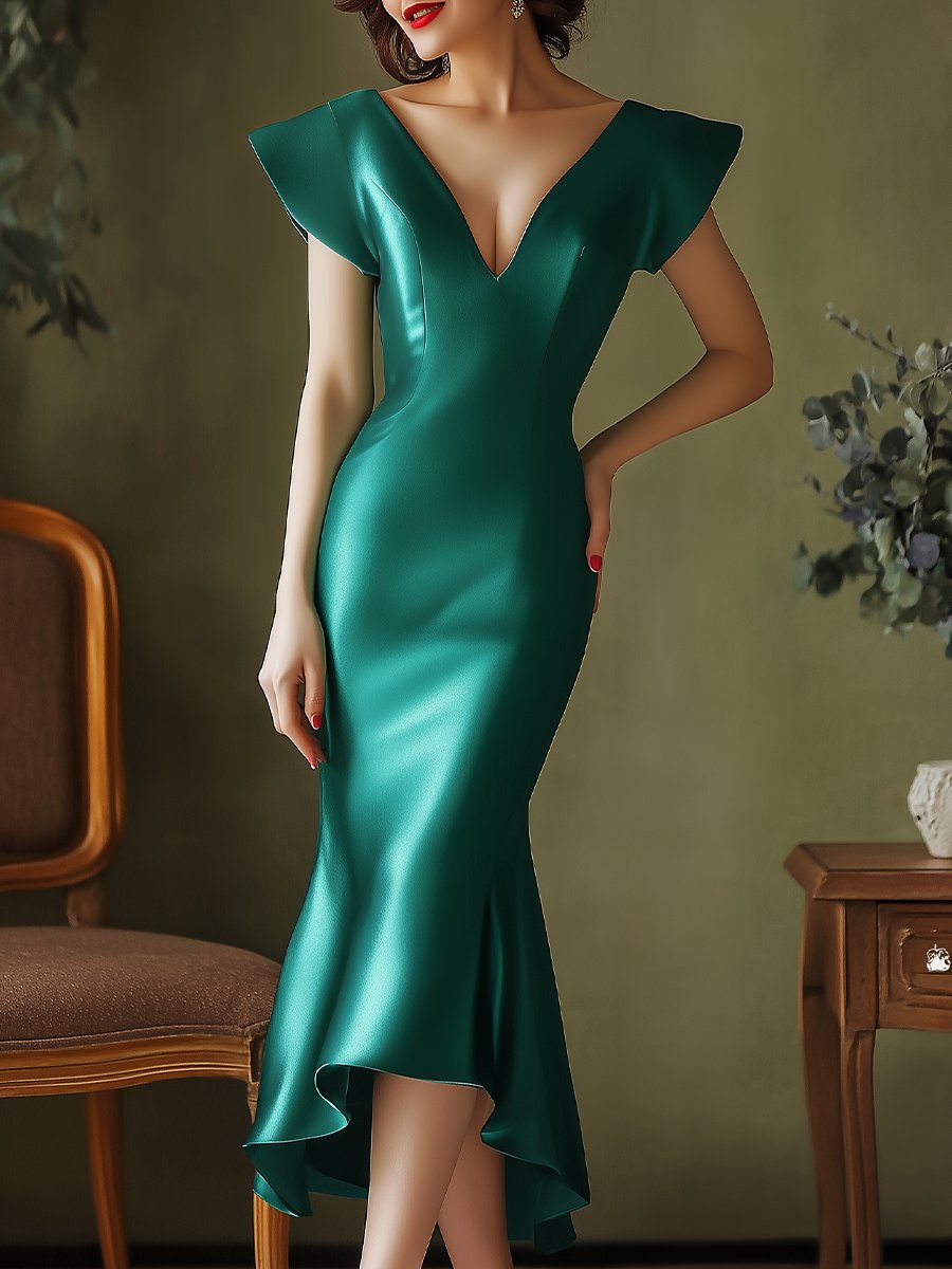 Emerald Green Mermaid Midi Dress with Flutter Sleeves