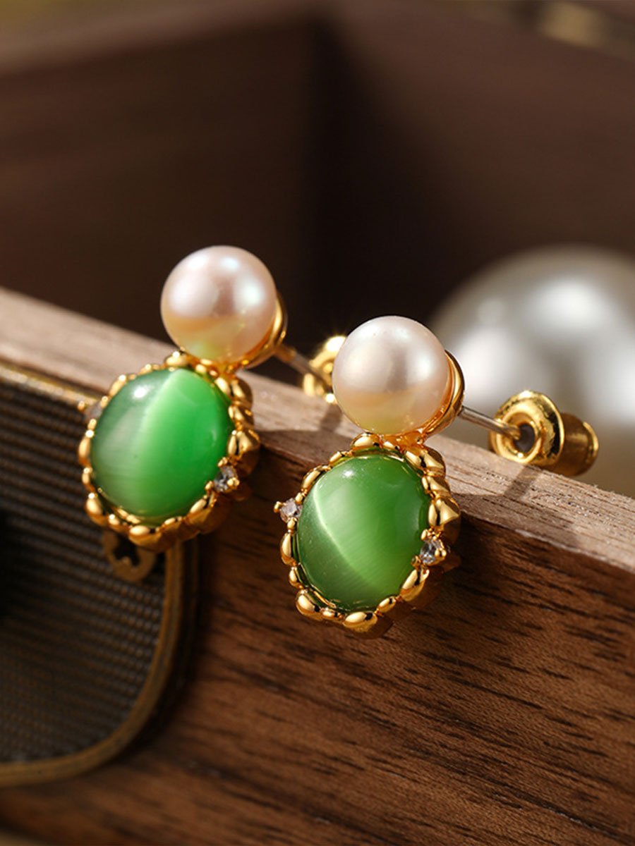 Pearl and Green Cat's Eye Gemstone Earrings