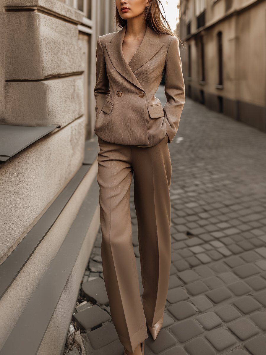 Elegant Taupe Twill Suit with Double-Breasted Design