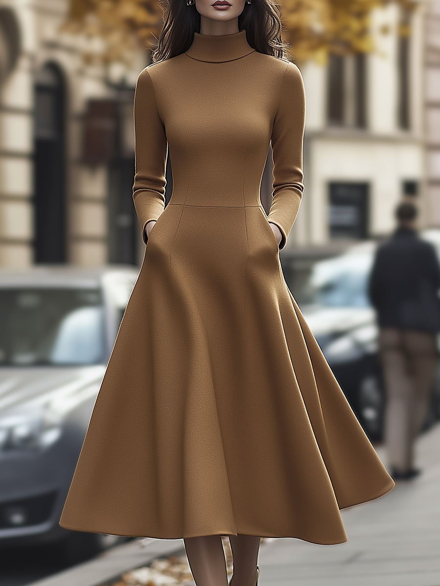 Elegant Camel High-Neck A-Line Dress