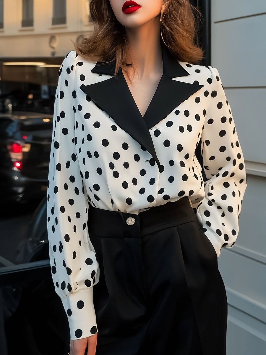 Classic Polka Dot Blouse with Black Lapel Collar