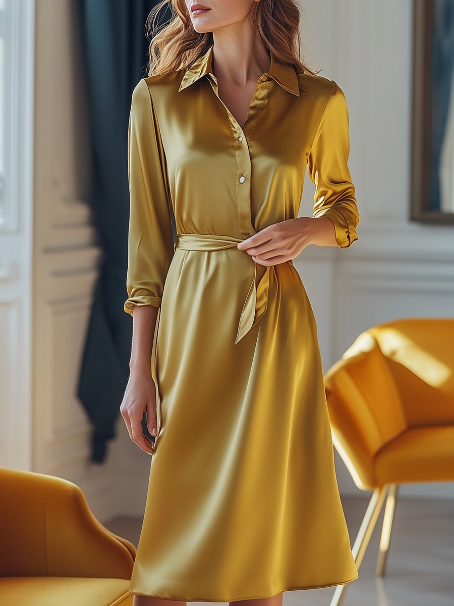 Golden Glow Satin Shirt Dress with Belt