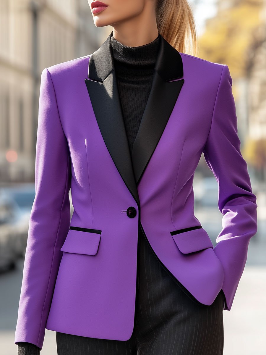 Vibrant Purple Blazer with Sleek Black Lapel