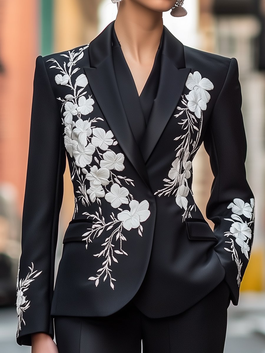 Classic Black Satin Blazer with White Floral Embroidery