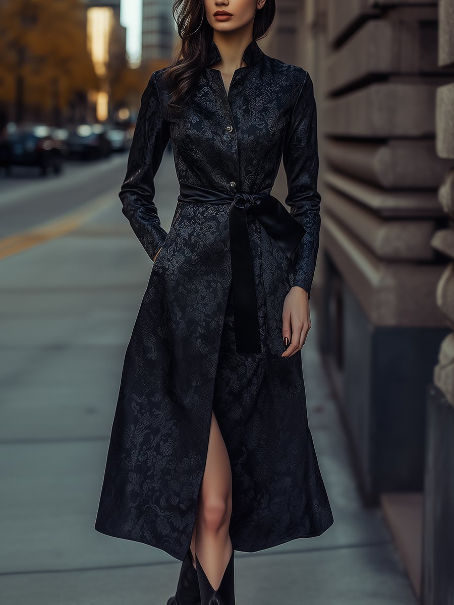 Elegant Black Satin Jacquard Dress with Belted Waist