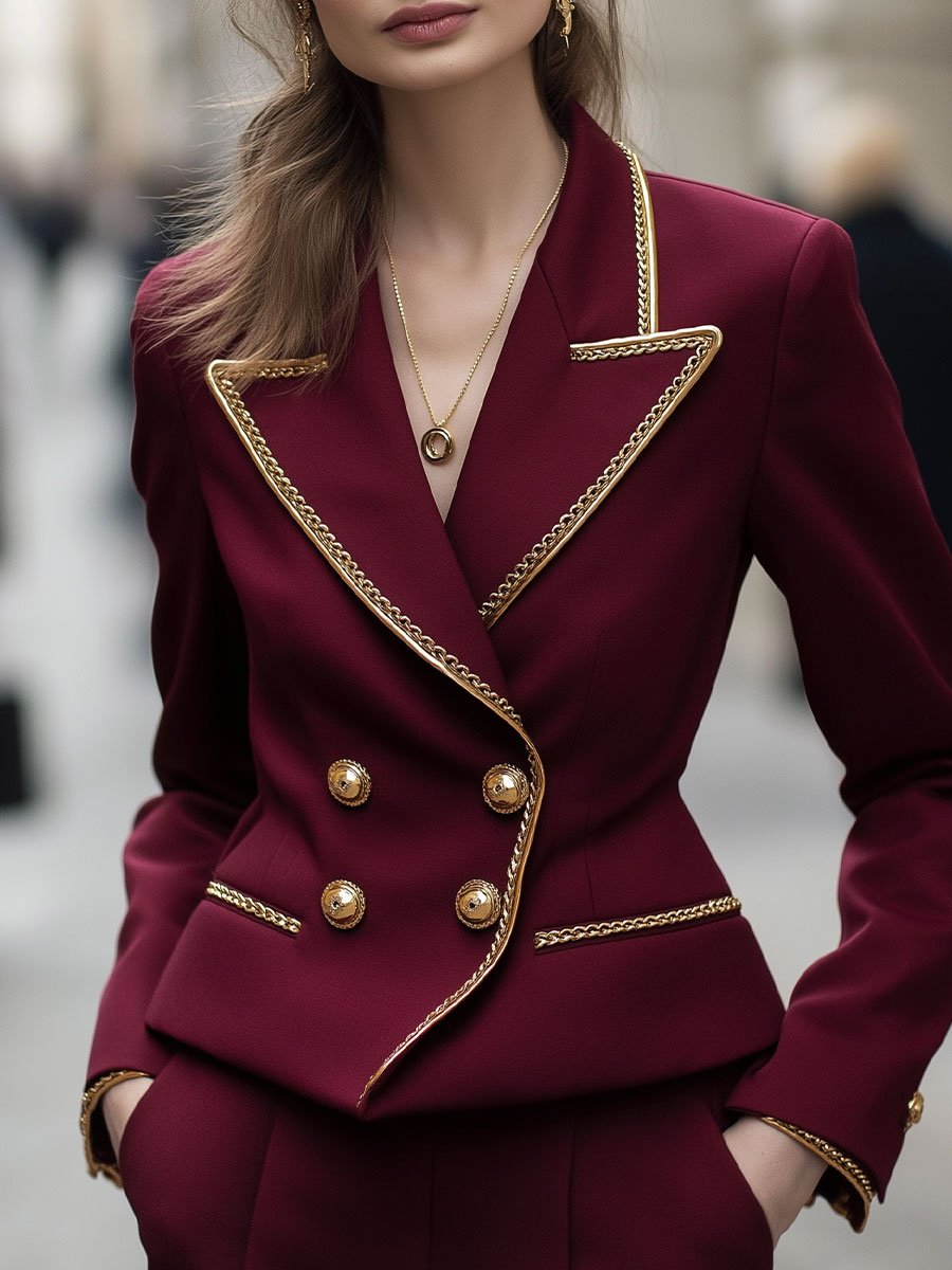 Elegant Burgundy Double-Breasted Blazer with Gold Trim