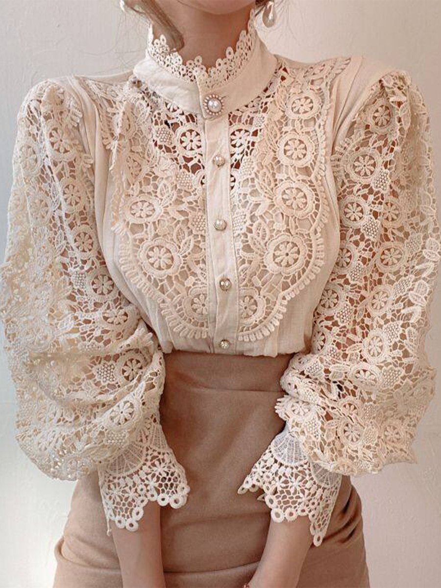 Vintage-Inspired Lace Blouse with Pearl Button Details