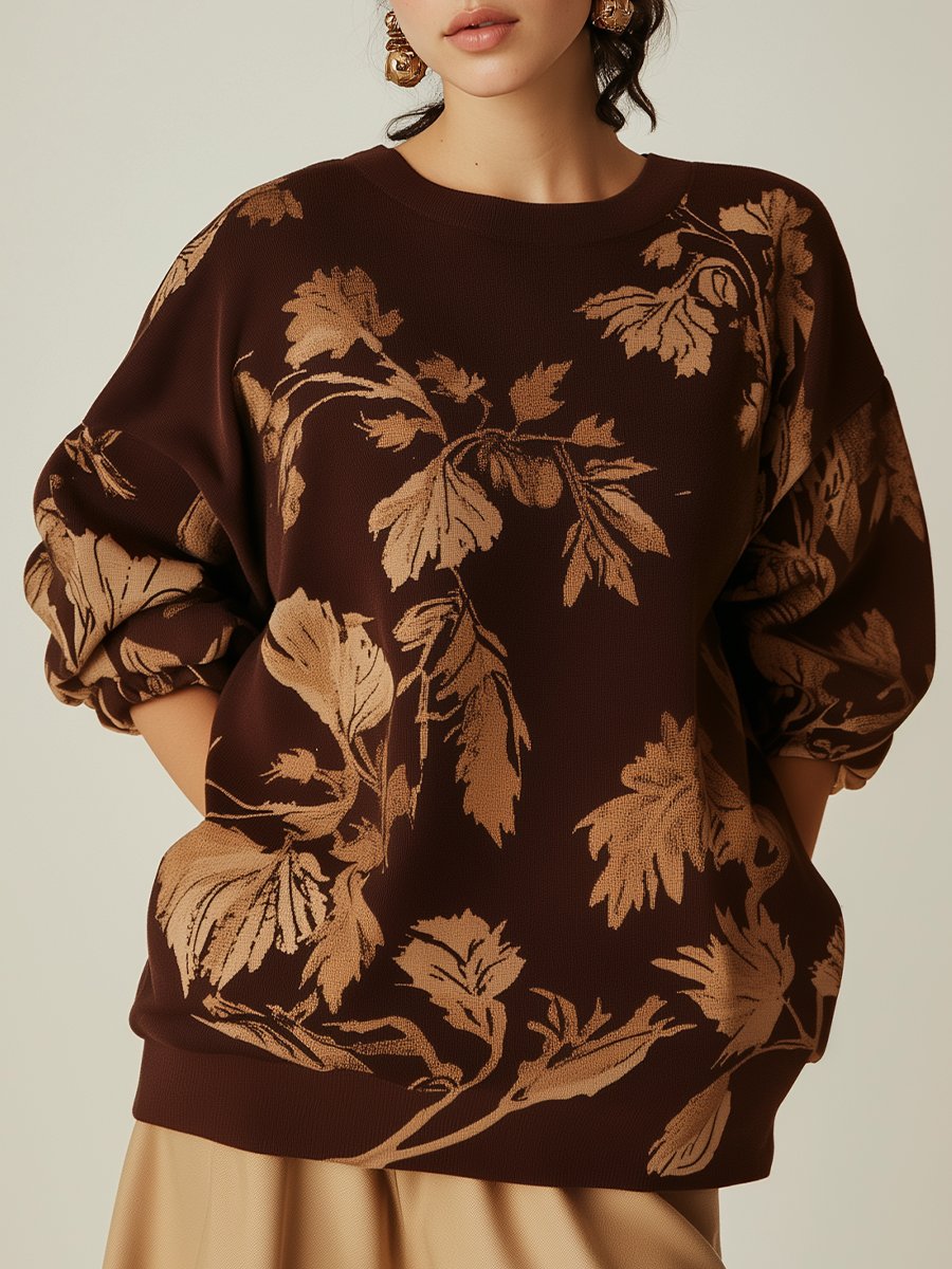 Brown Floral Patterned Relaxed-Fit Sweatshirt